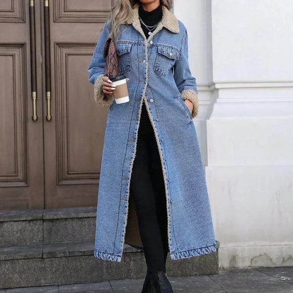 Blue Casual Women's Trendy Fleece-Lined Long Denim Jacket - Picture 5 of 7